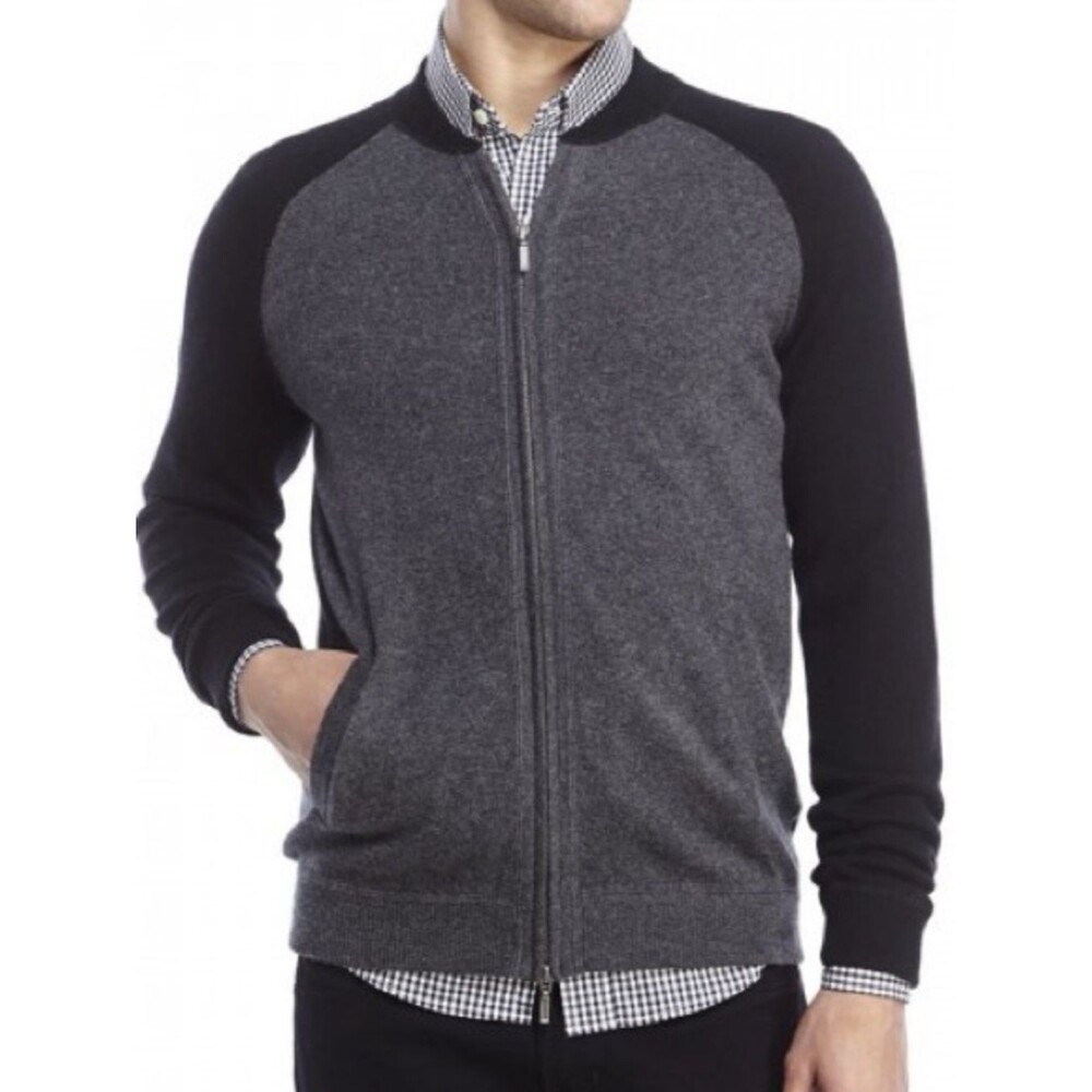 Banana Republic Men's Full-Zip Two-Tone Gray Cotton, Angora, Cashmere Sweater XL